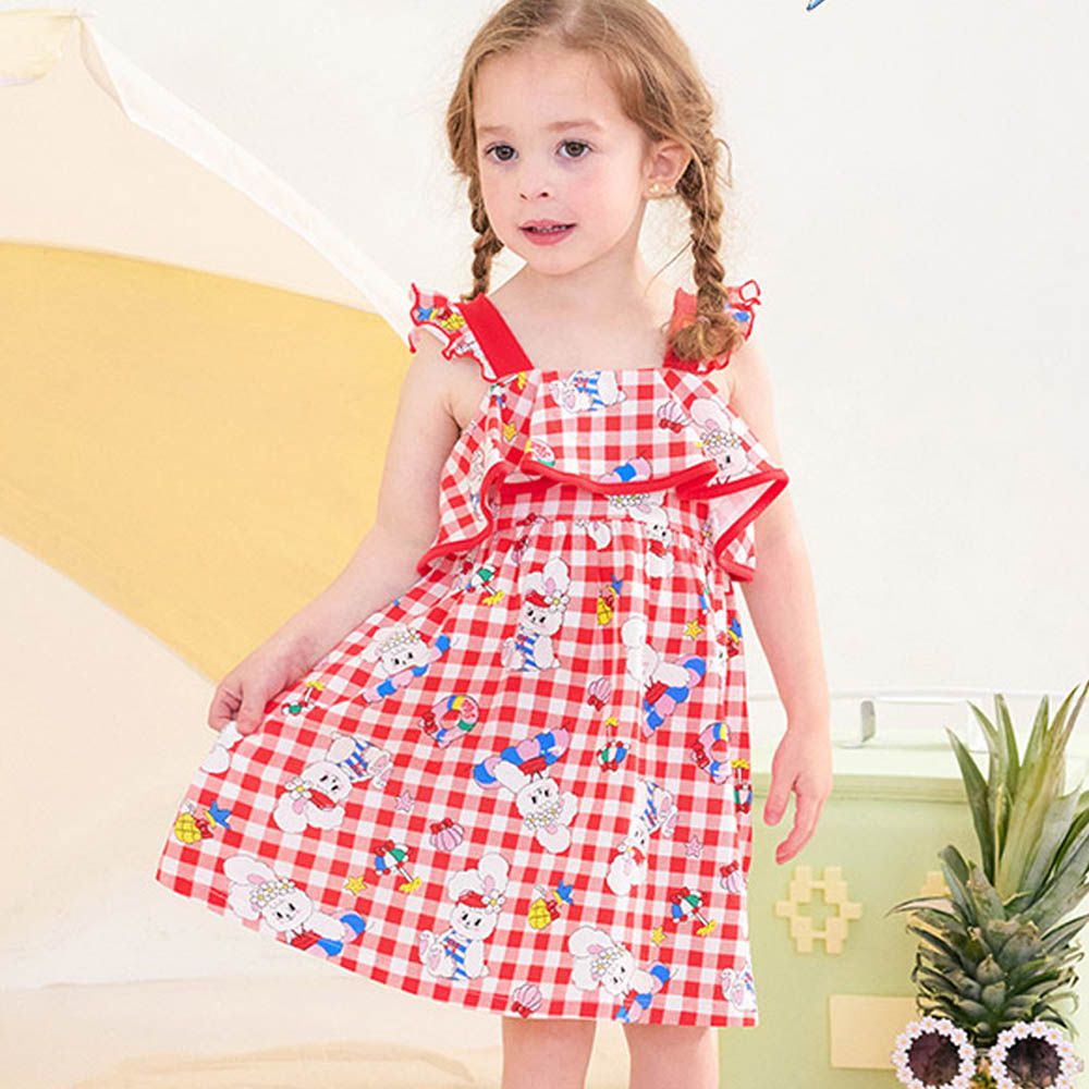 泳圈兔兔荷葉邊裝飾格紋洋裝-紅