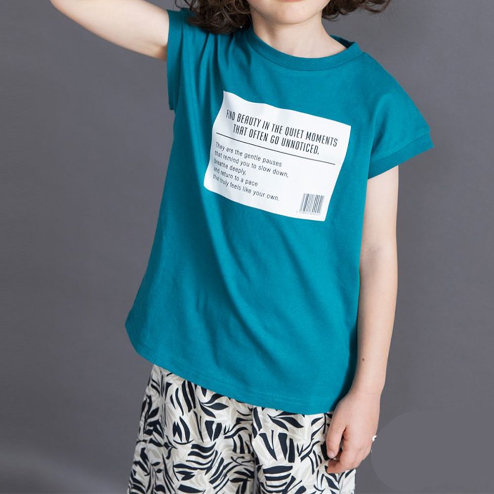 100%棉 簡約風圓領法式袖上衣-方形標籤-藍綠