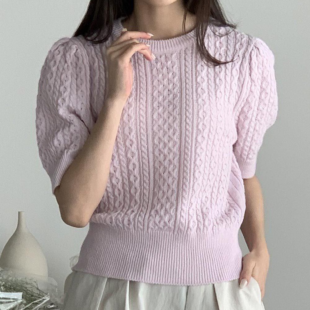 韓國女裝連線 - 麻花捲五分袖針織上衣-淡粉 (FREE)
