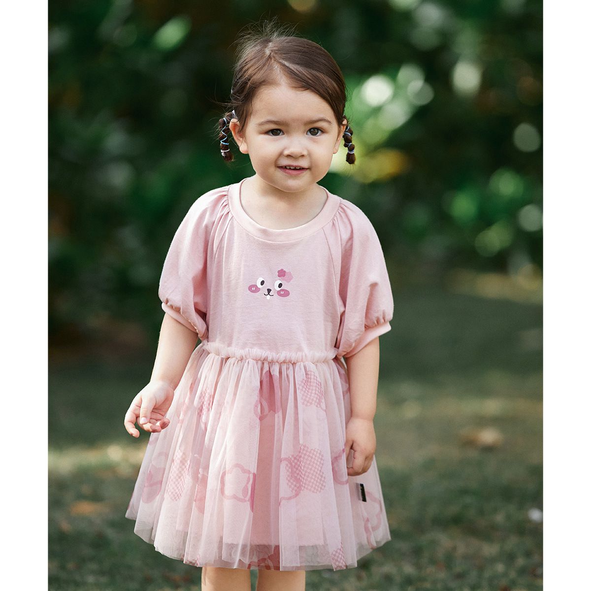 網紗公主袖連身洋裝-微笑小圖-粉色