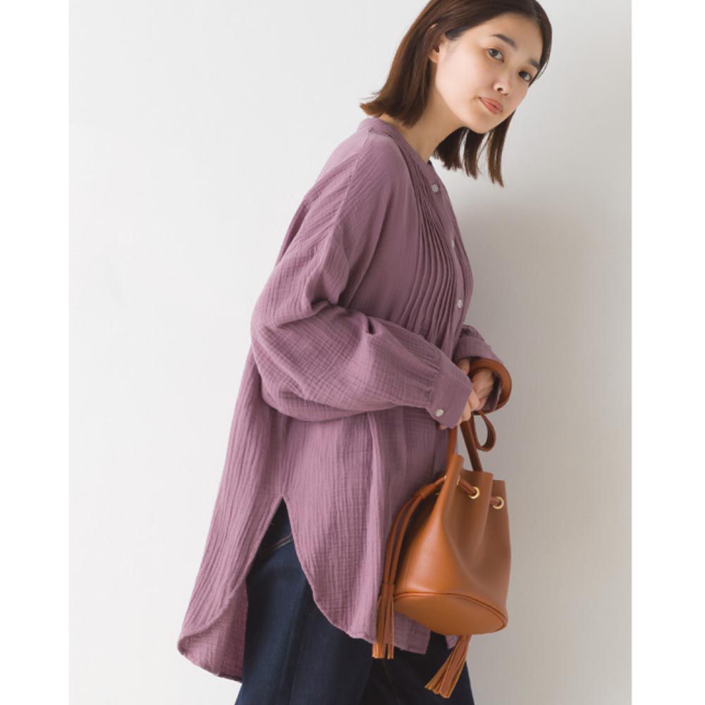 日本 OMNES - 二重紗氣質細摺長袖襯衫-紫羅蘭