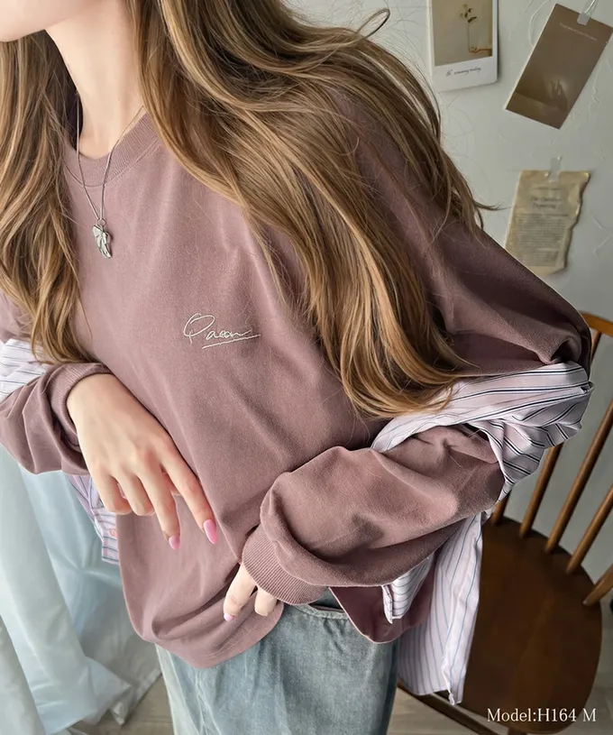 日本 Classical Elf - 胸口簡約刺繡純棉長袖上衣-灰粉