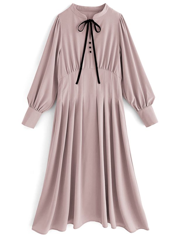 日本 GRL - 黑色下午茶紐結收腰洋裝-香檳粉