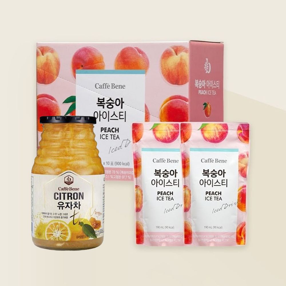 韓國Caffebene咖啡伴 - 【果香組】水蜜桃冰茶(10包/盒)+蜂蜜柚子茶(1kg/罐)
