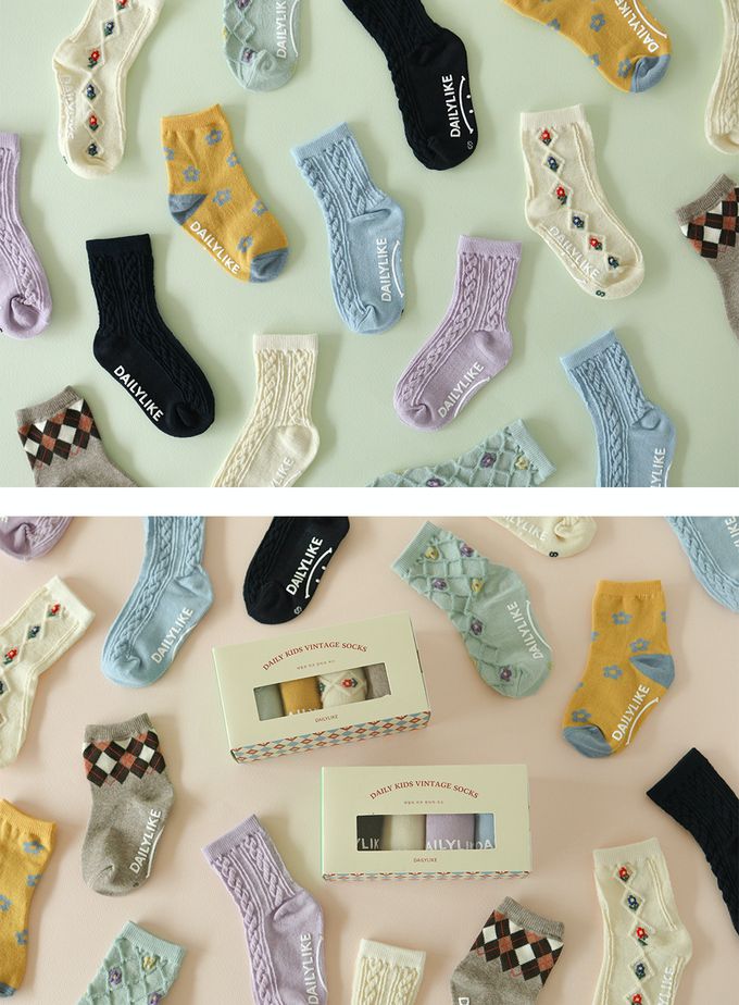 韓國 Daily Like - 兒童襪子/中筒襪4入組-復古花邊01