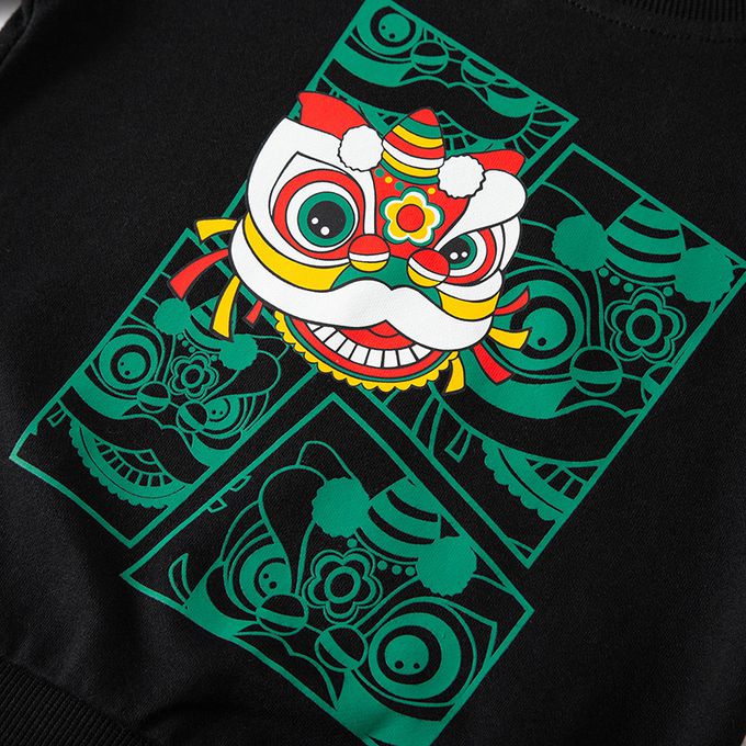 純棉圓領長袖上衣/大學T-舞龍舞獅-黑色