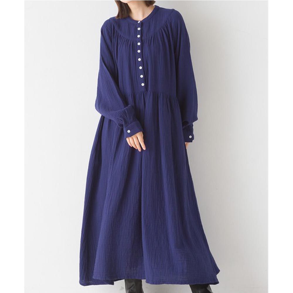 日本 OMNES - 質感二重紗寬版長袖洋裝-深藍
