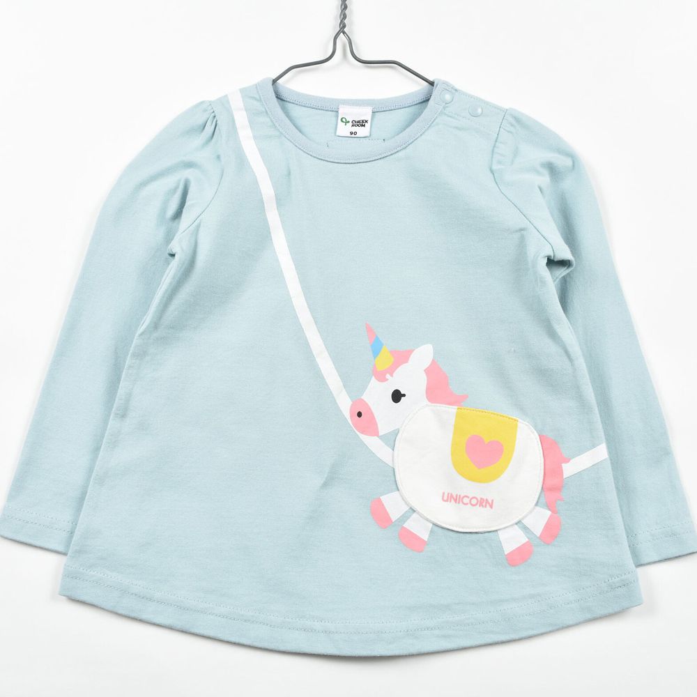 日本 Baby Room - 純棉立體翻翻樂長袖上衣-獨角獸包包-藍