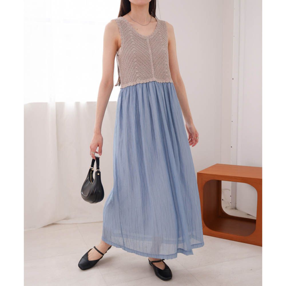 夏日氛圍鉤針縐紗背心裙-藍x棕