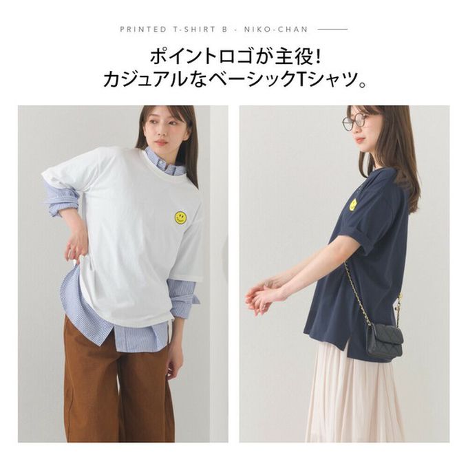 日本 OMNES - 純棉印花休閒短袖上衣-笑臉logo-深藍 (M)