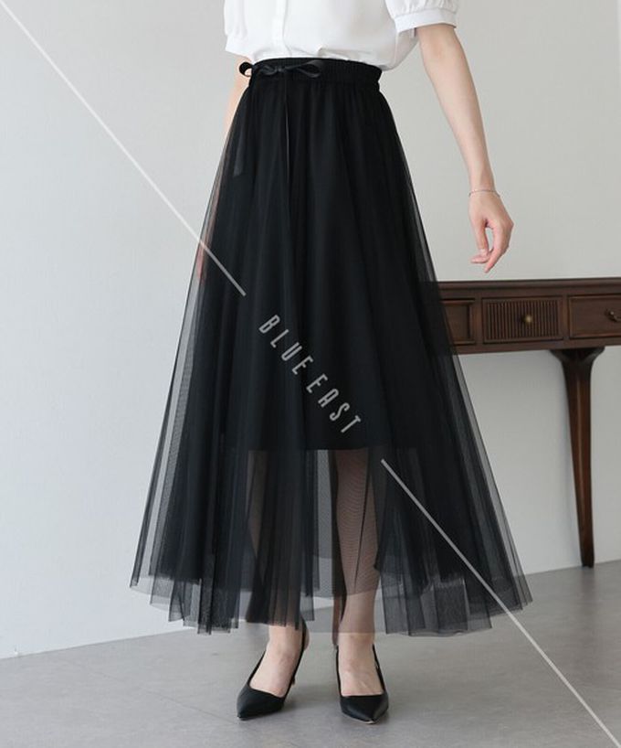 日本 BLUE EAST - 浪漫豐盈蝴蝶結綁帶薄紗裙-素色-黑