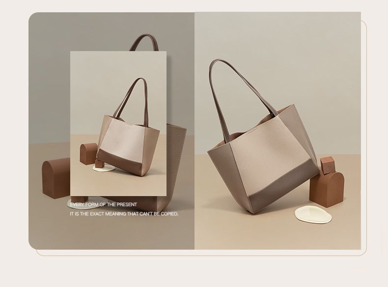 真皮簡約大容量拼色托特包-米白色 (40x10x29cm)