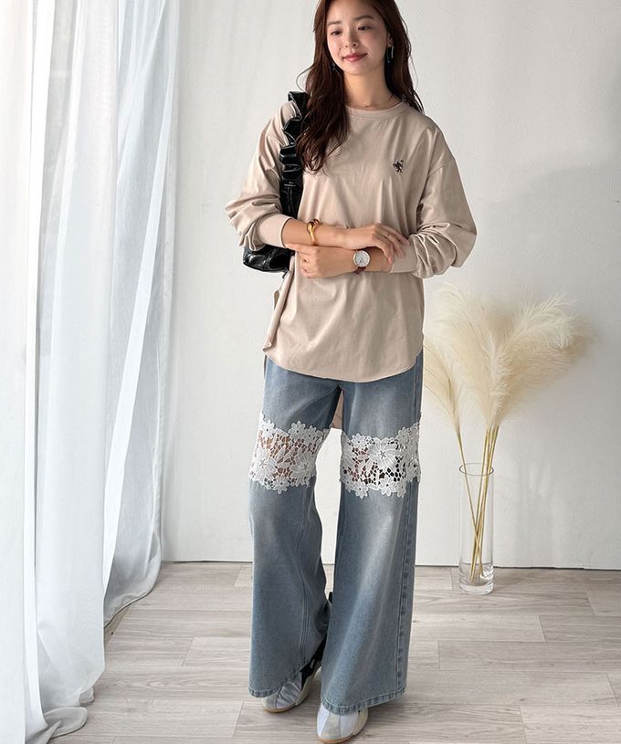 日本 Classical Elf - 休閒背扣logo刺繡寬版長袖上衣-炭灰