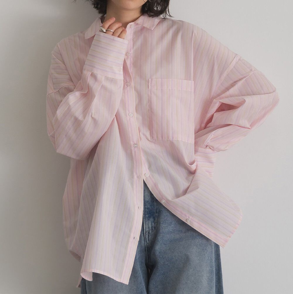 男友風寬鬆率性感長袖襯衫-粉紅直條紋