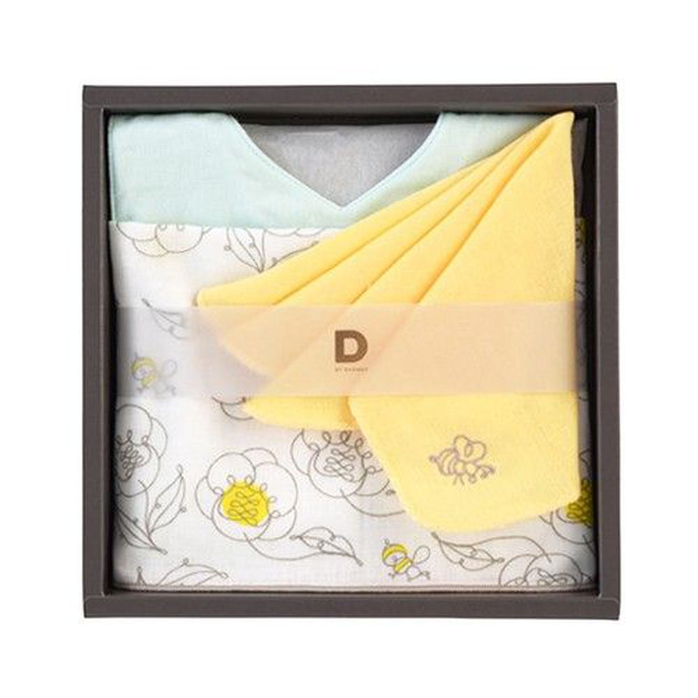 日本DADWAY - 日本製純棉新生兒禮盒-蜜蜂花朵-圍兜一條+手帕兩條