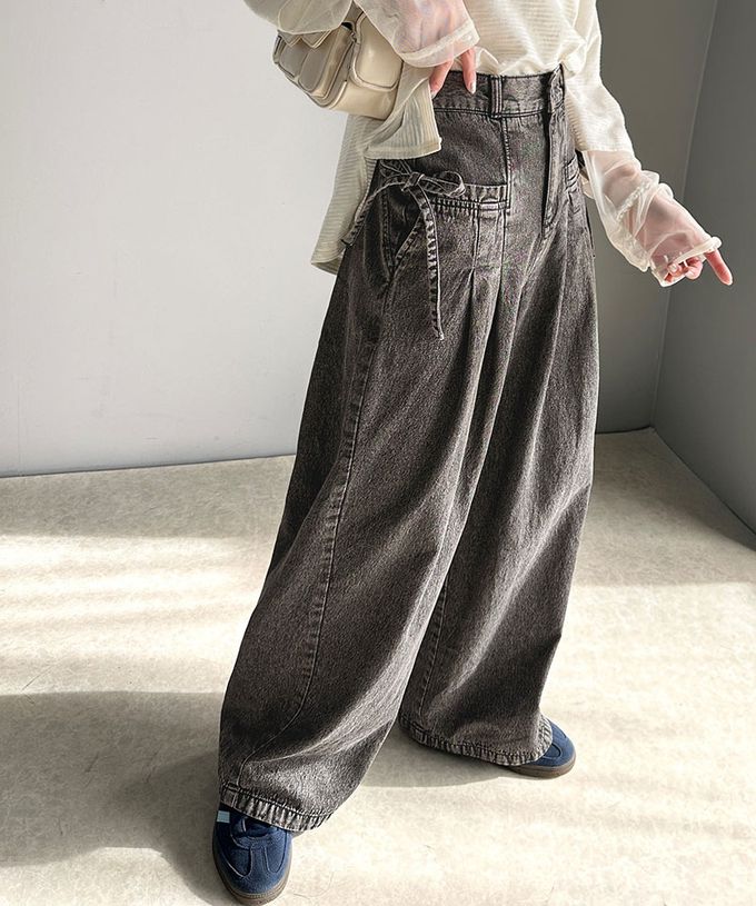 日本 Classical Elf - 側蝴蝶結純棉丹寧摺線寬褲-(環保材質)-黑