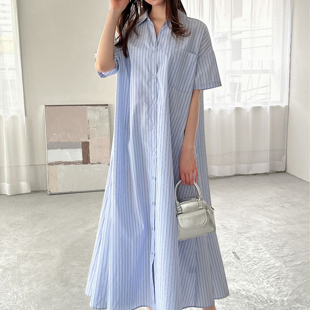 直條紋背後綁帶襯衫式短袖洋裝-水藍 (F)