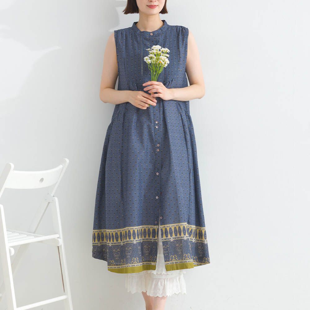100%印度棉 清新印花柔軟洋裝-圖騰-深藍