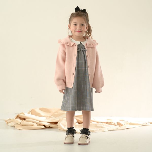 日本 Lycee mine - 荷葉大翻領寬袖針織開襟衫-粉紅