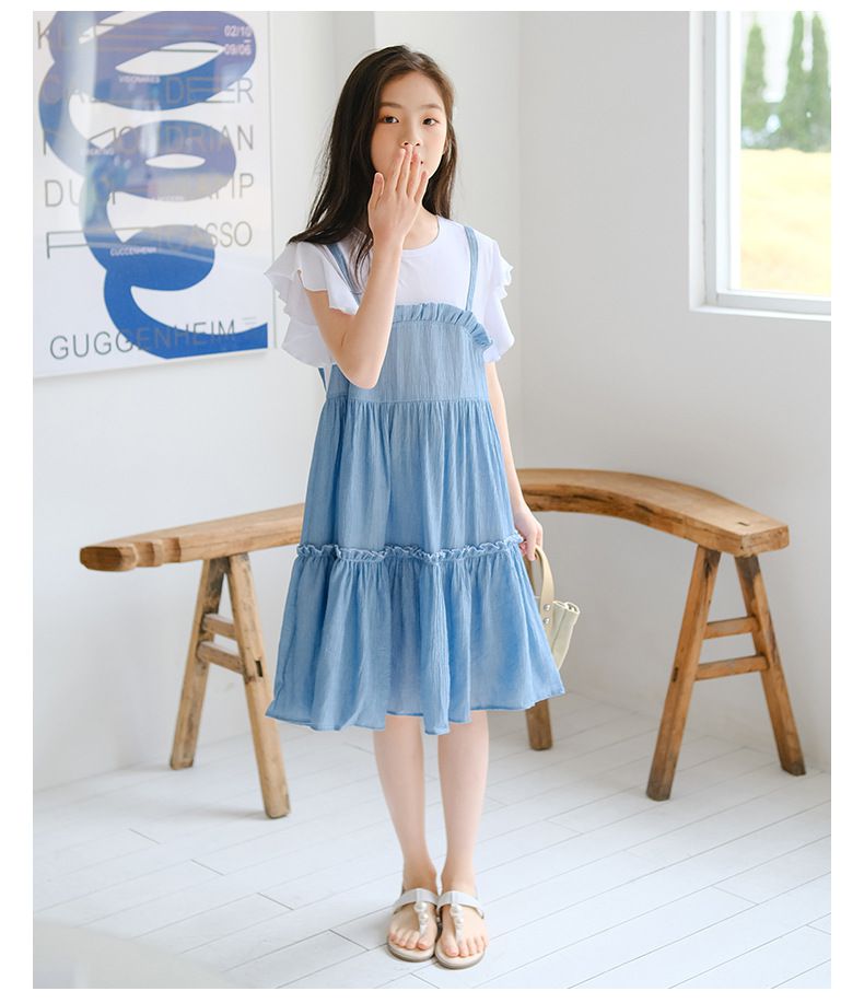 假兩件式拼接蛋糕裙洋裝-藍+白