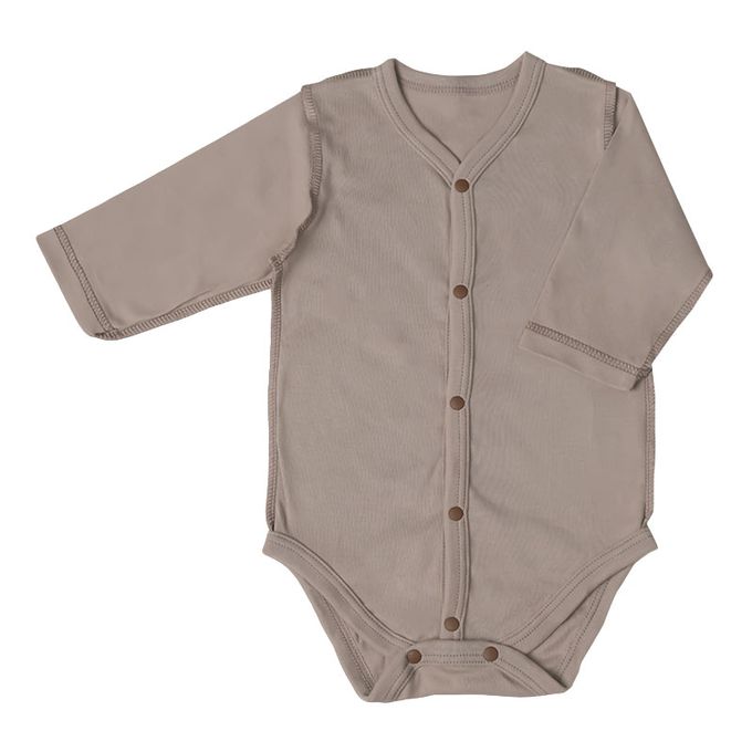 akachan honpo - 長袖前開式速乾包屁衣-2件組 素面-咖啡色