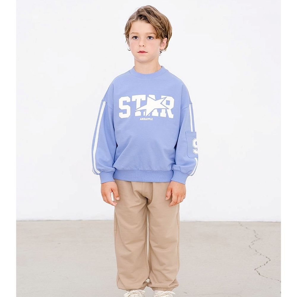 美式星星文字休閒長袖套裝-藍紫X卡其