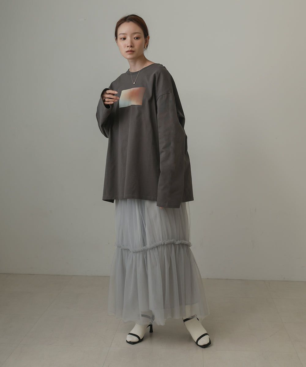 日本 Bab - 100%棉 寬鬆落肩印花長T-深灰