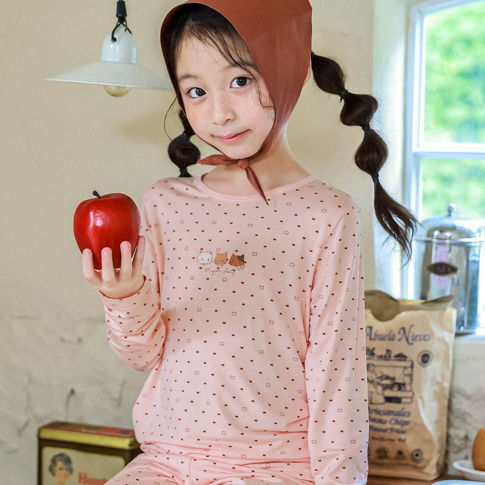 莫代爾親膚絲滑長袖家居服-可愛貓咪-珊瑚粉橘