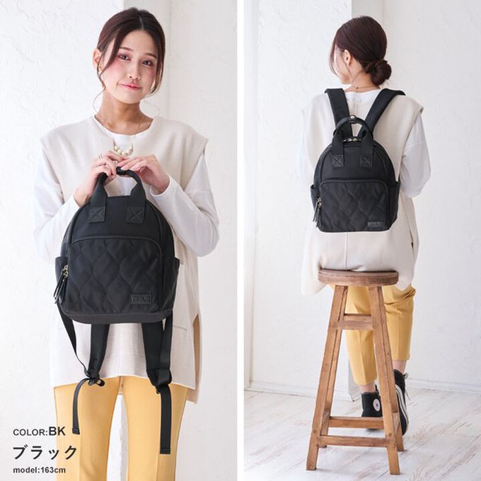 日本 LIZDAYS - 6口袋輕量絎縫時尚小巧後背包-棕x黑