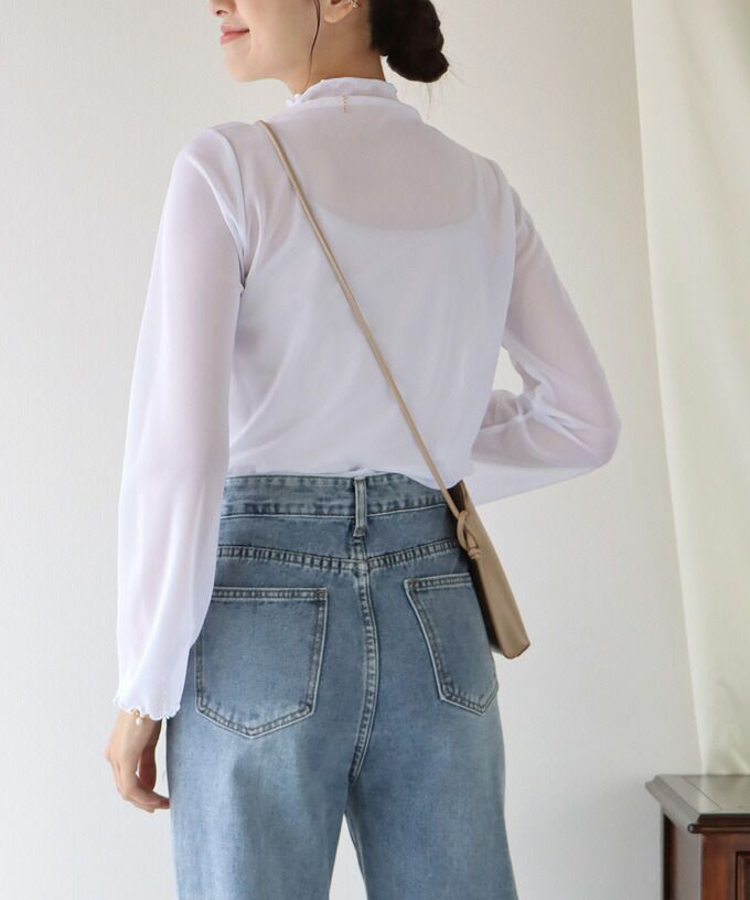 日本 BLUE EAST - 百搭木耳捲邊長袖上衣-白杏