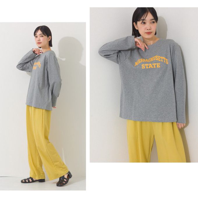 日本 OMNES - 100%棉 簡約英文標語長袖上衣-卡其米