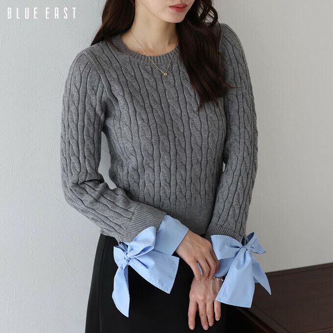 日本 BLUE EAST - 亮麗蝴蝶結緞帶袖麻花針織上衣-灰