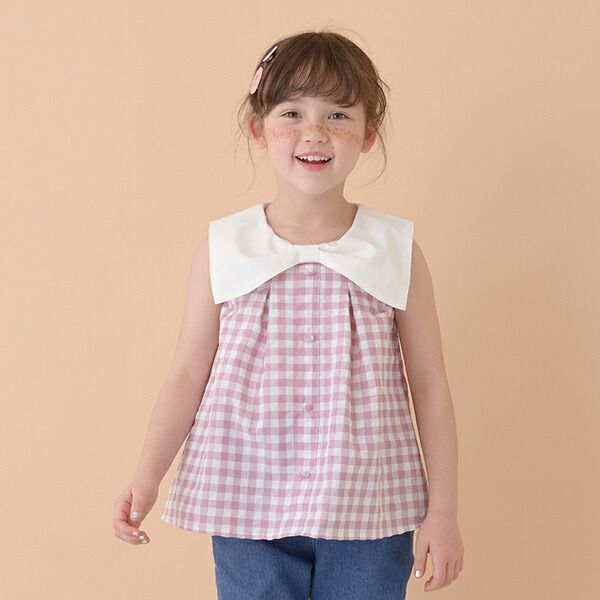 日本 Lycee mine - 可愛水手領無袖上衣-格子-粉紅