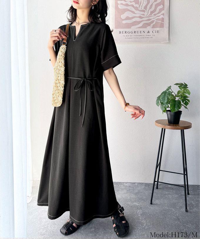 日本 Classical Elf - 鑰匙領綁帶休閒感縫線短袖洋裝-咖啡