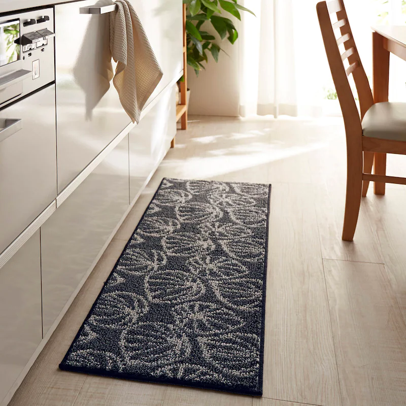 日本千趣會 - 北歐風 長條形腳踏墊(廚房/臥室)-龜背芋-灰黑