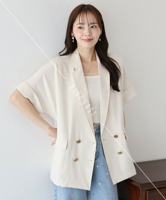 日本 BLUE EAST - 亞麻感氣質金釦短袖西裝外套-黑