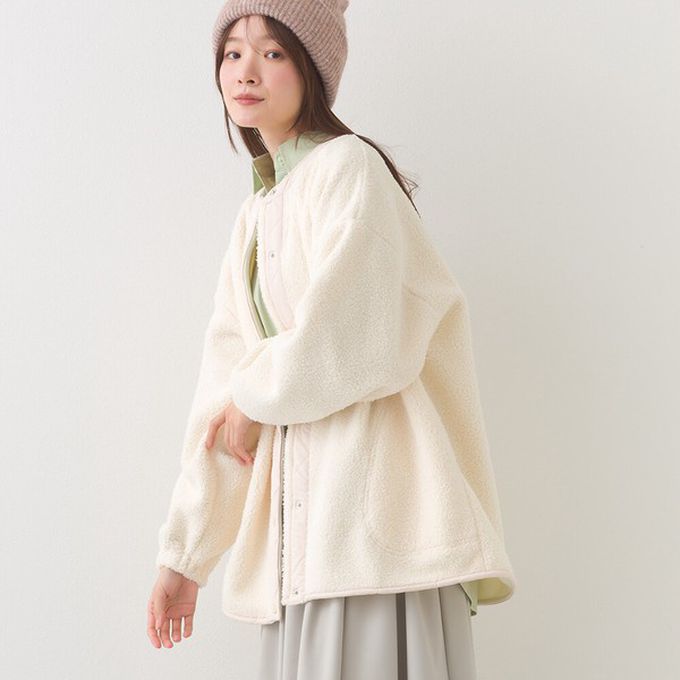 日本 OMNES - 溫柔短毛絨鈕扣無領保暖外套-黑