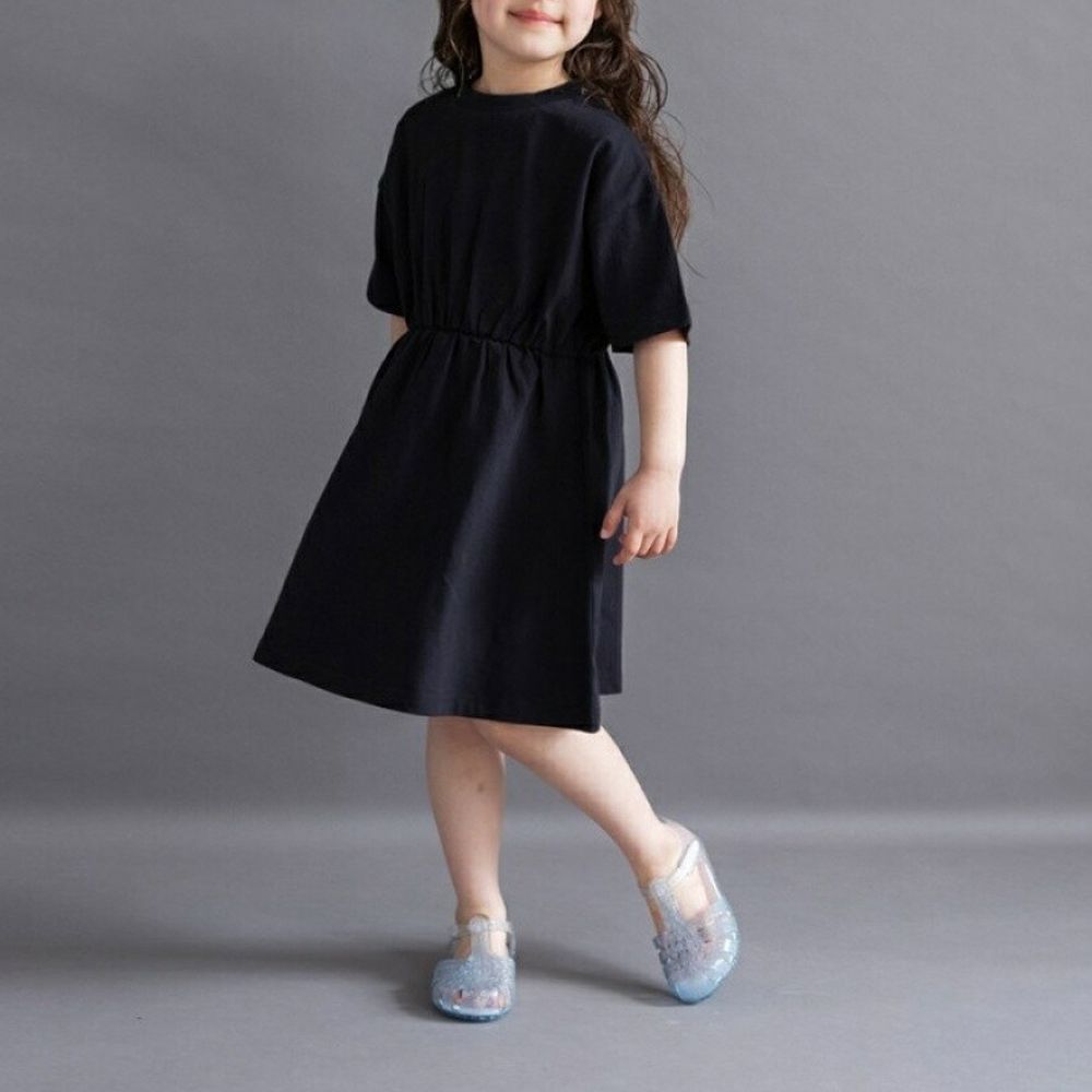 純棉背後印花束腰短袖洋裝-英文字-黑