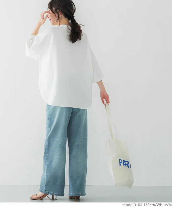 日本 COCA - 100%美國棉 落肩寬袖上衣-米白