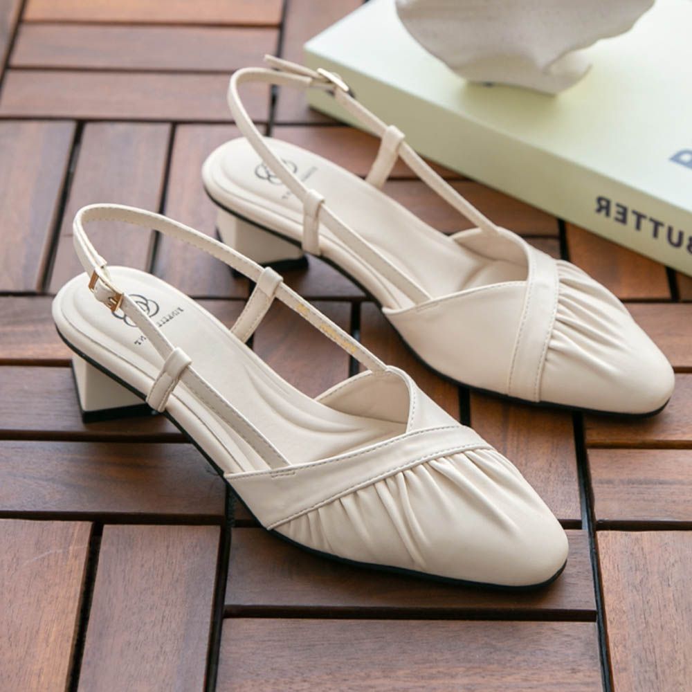 氣質抓褶皮革軟底尖頭涼鞋(5.5cm)-象牙白