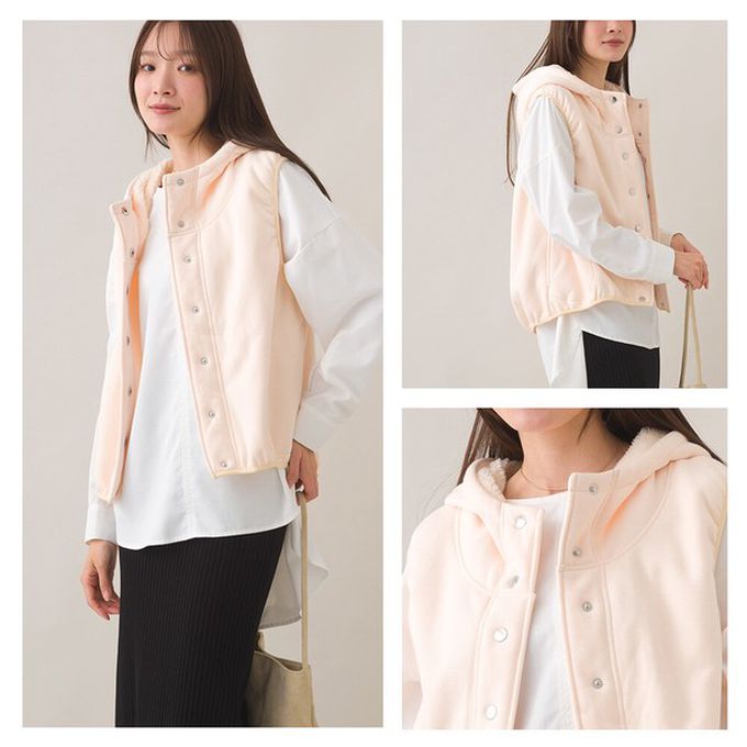 日本 OMNES - 裏起毛保暖短版運動風連帽背心-咖啡