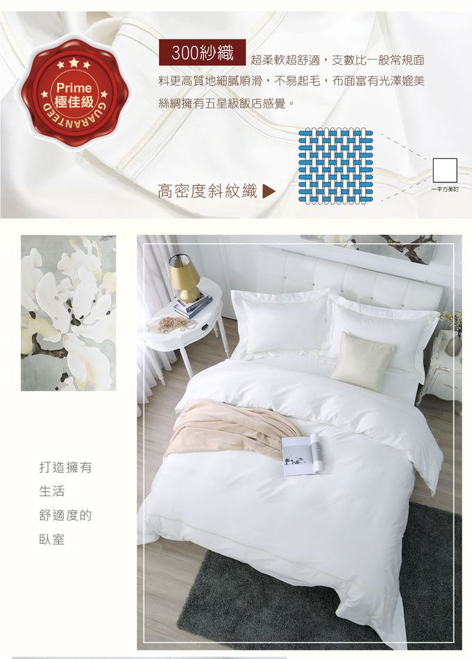 鴻宇 HongYew - 雙人特大床包枕套組 300織美國棉 純色刺繡-簡約白