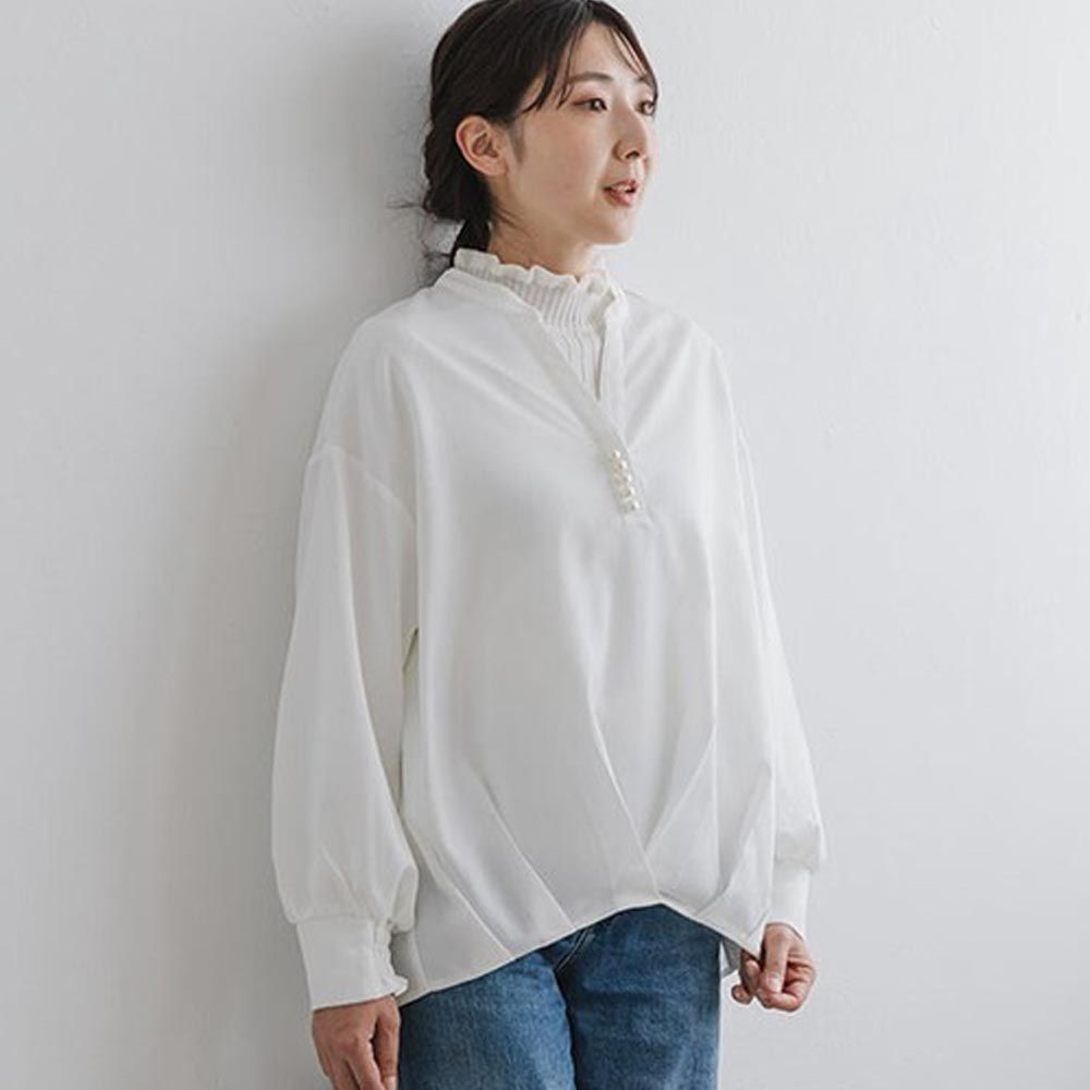日本 ihuu - 小奢華珍珠釦V領前短後長上衣-白
