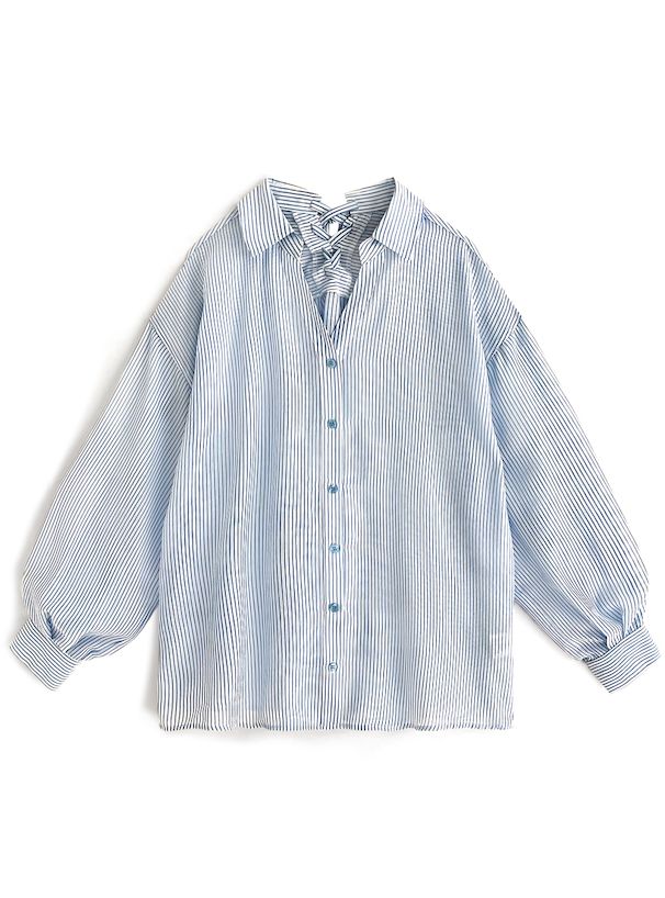 日本 GRL - 可愛後綁帶翻領長袖襯衫-簡約黑 (F)