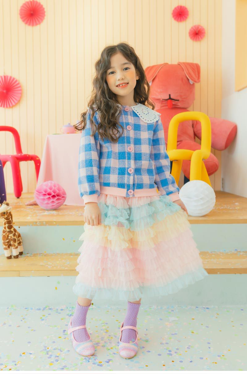 韓國 OZKIZ - 蕾絲領棋盤格單排釦針織小外套