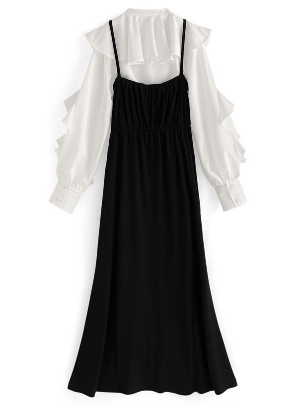 日本 GRL - 浪漫無敵荷葉邊拼接洋裝-白x黑