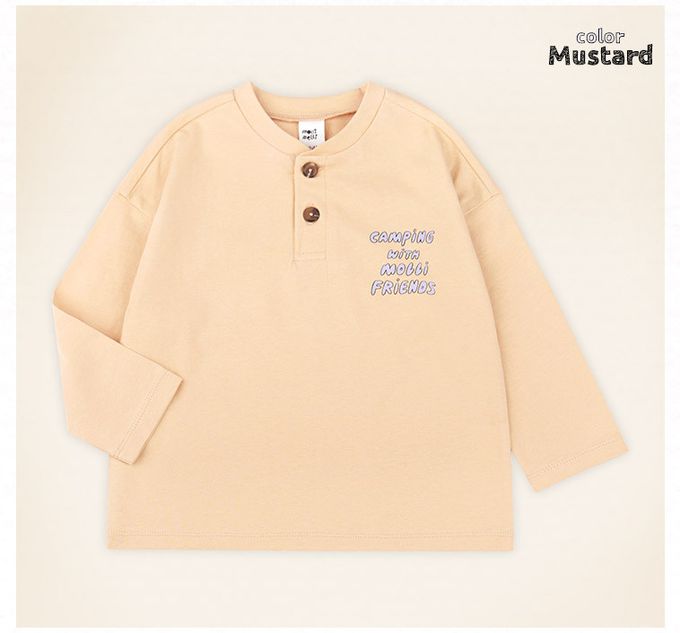 韓國 mollimelli - 文字點綴圓領鈕扣長袖上衣-深灰