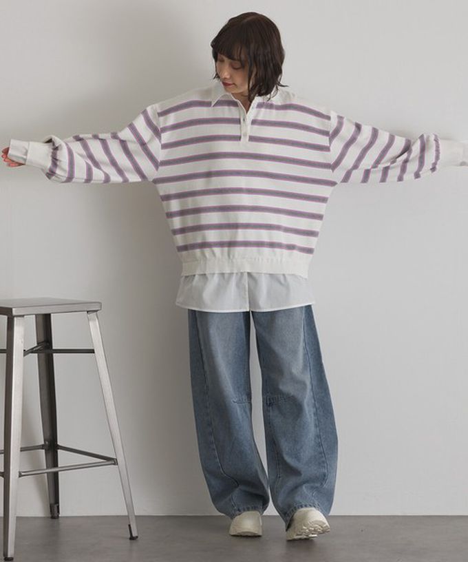 日本 ELENCARE DUE - 假二件襯衫領輕盈落肩長袖上衣-黑x白