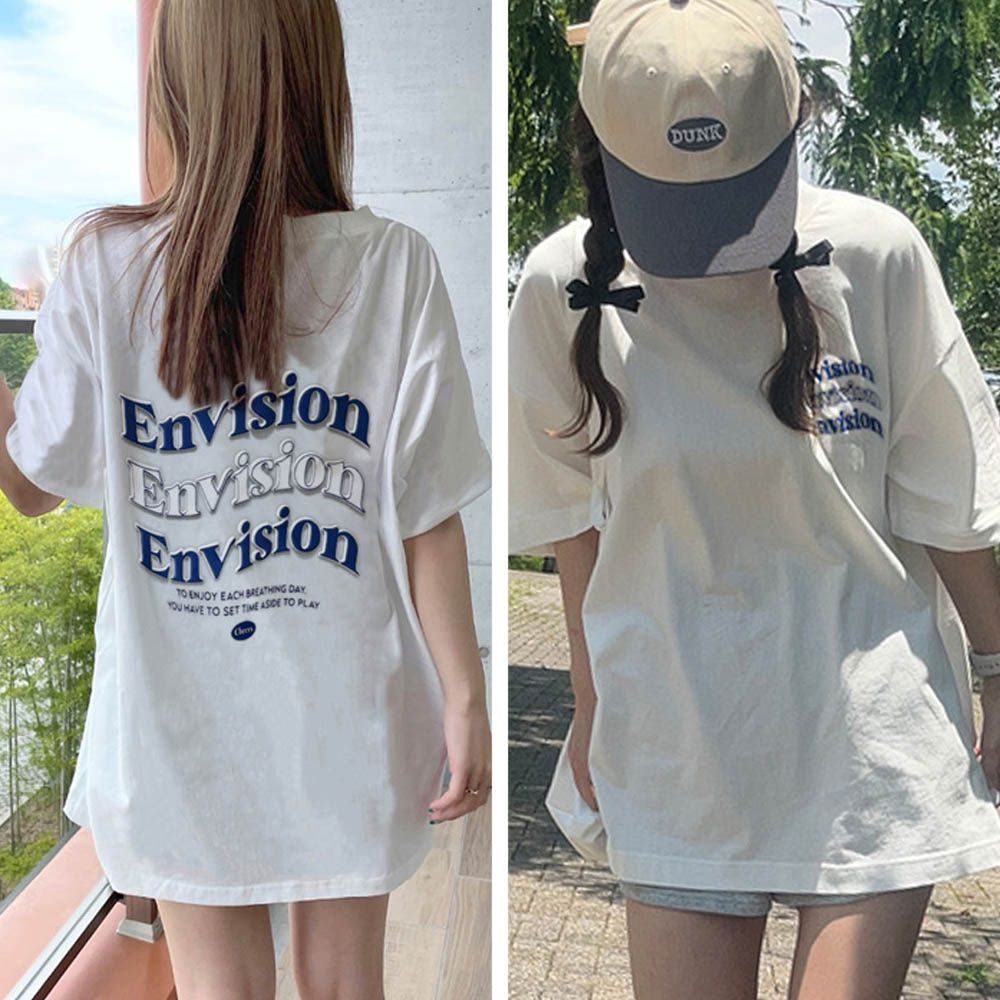 休閒英文印花寬鬆長版T恤-米白 (F)