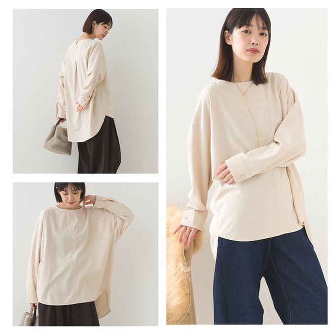 日本 OMNES - 圓弧優雅前短後長修身船領上衣-條紋-藍